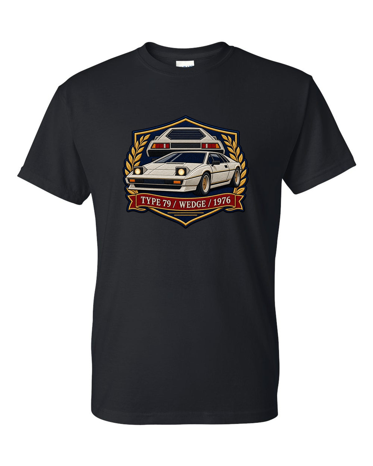 Lotus Esprit Type 79 varsity crest with TYPE 79 WEDGE 1976 lettering black t-shirt front view with the design