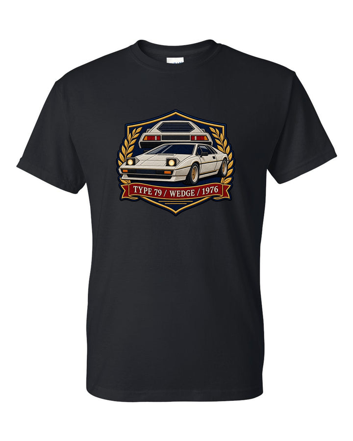 Lotus Esprit Type 79 varsity crest with TYPE 79 WEDGE 1976 lettering black t-shirt front view with the design