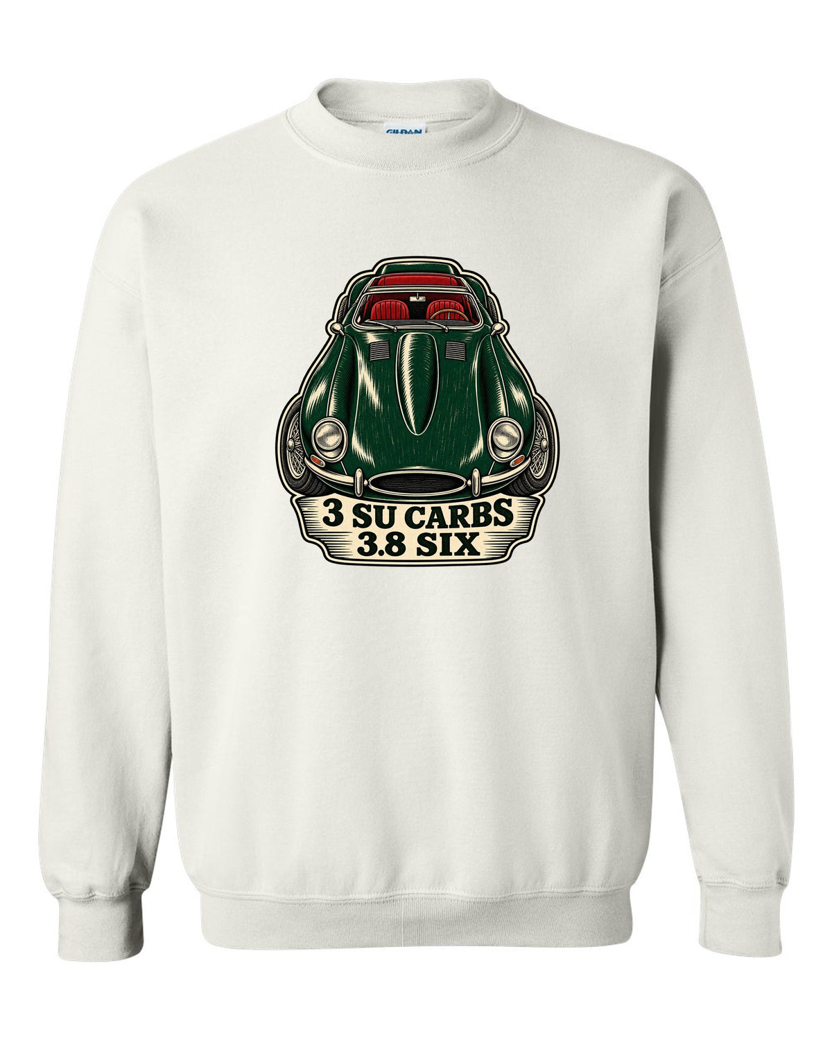 Jaguar E-Type Series 1 long bonnet woodcut with 3 SU CARBS 3.8 SIX lettering white crewneck front view with the design