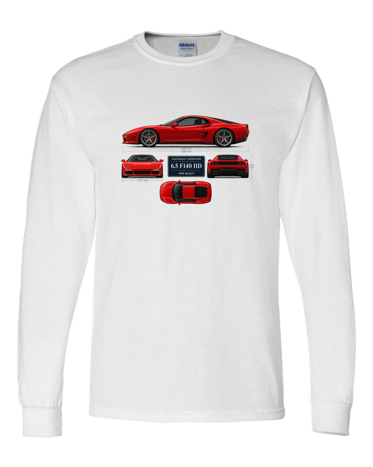 Ferrari 812 Competizione dimension blueprint print with 6.5 F140 HD, 999 built white long sleeve front view with the design