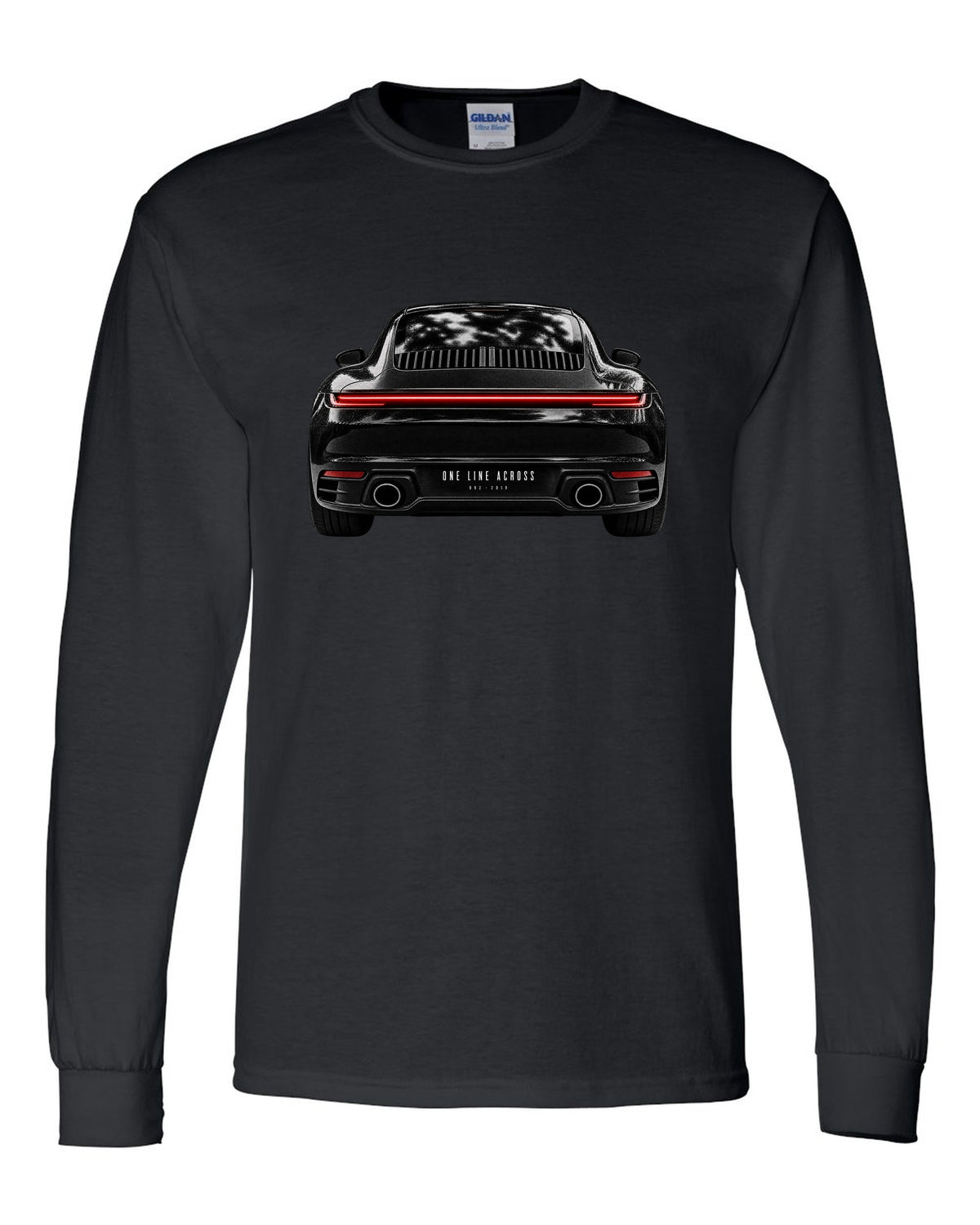 Taillight macro print of a 2019 Porsche 911 Carrera 992 rear light black long sleeve front view with the design