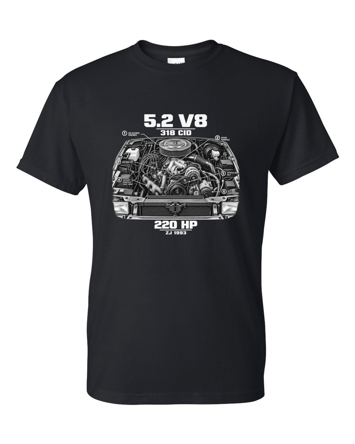 Jeep Grand Cherokee ZJ 5.2 V8 engine print with 318 CID text black t-shirt front view with the design