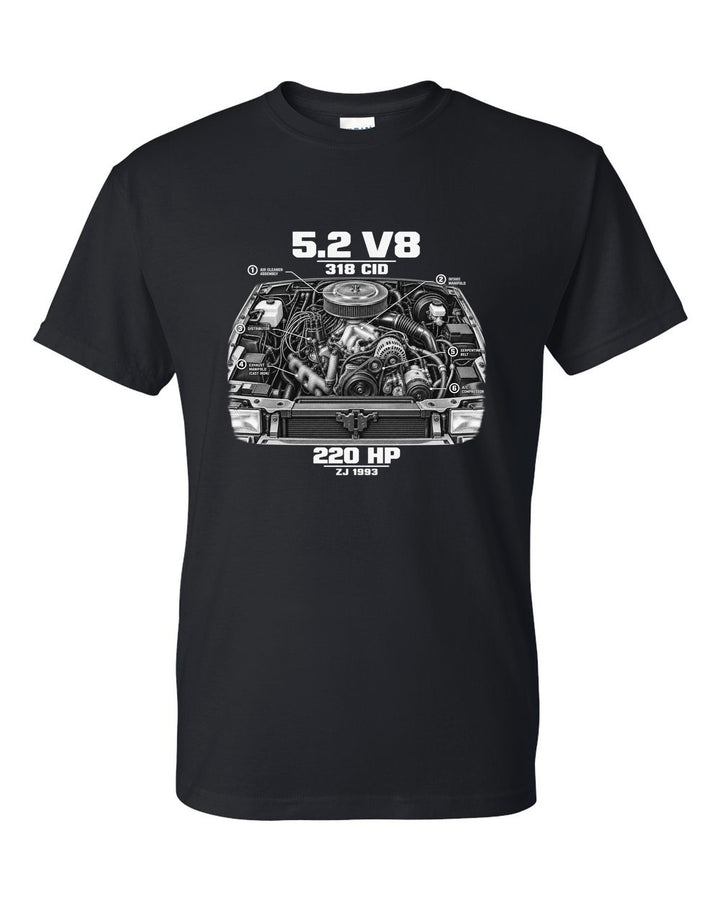 Jeep Grand Cherokee ZJ 5.2 V8 engine print with 318 CID text black t-shirt front view with the design