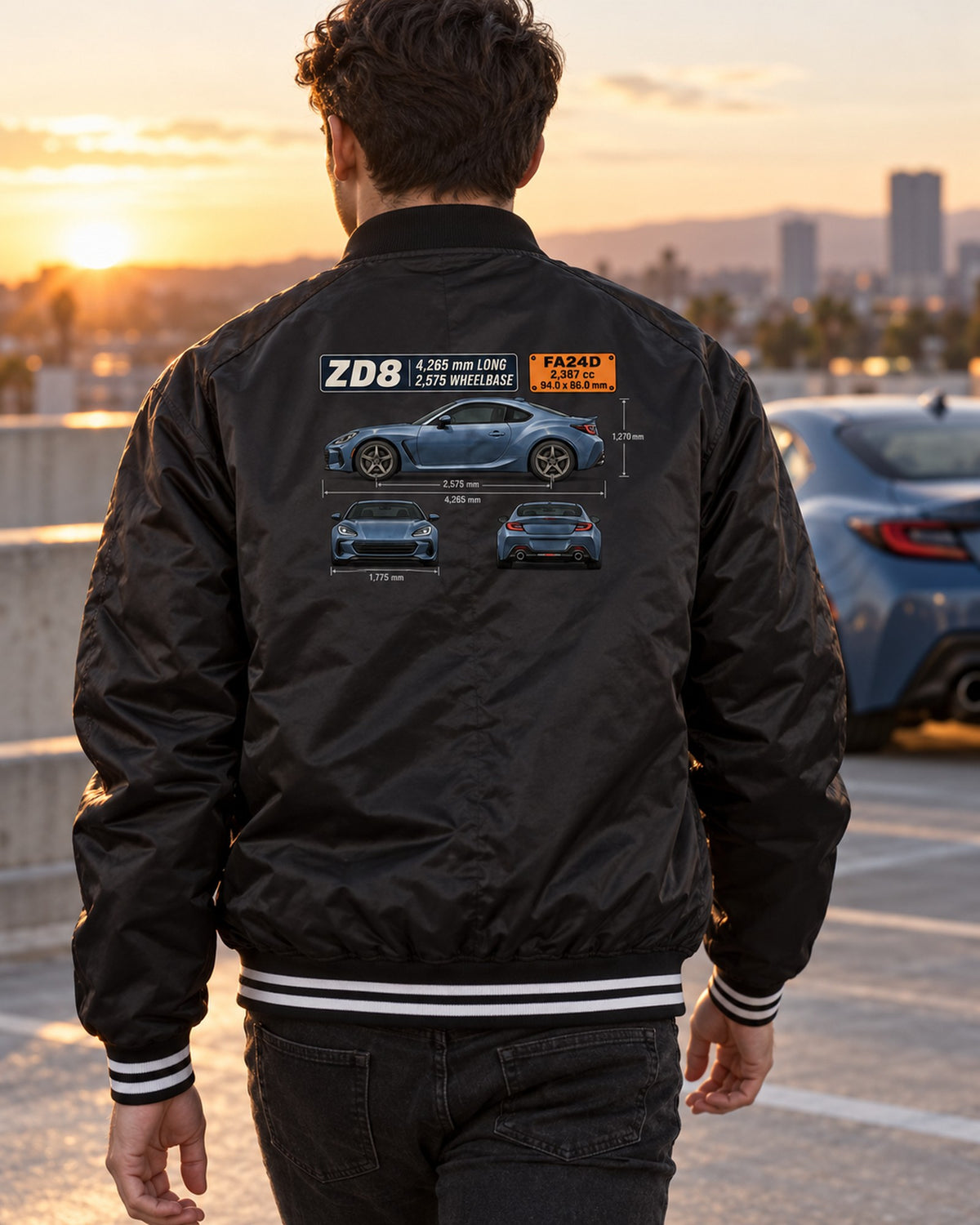 Subaru BRZ ZD8 Dimension Blueprint Shirt, Car Guy Gift Bomber Jacket Black worn hero