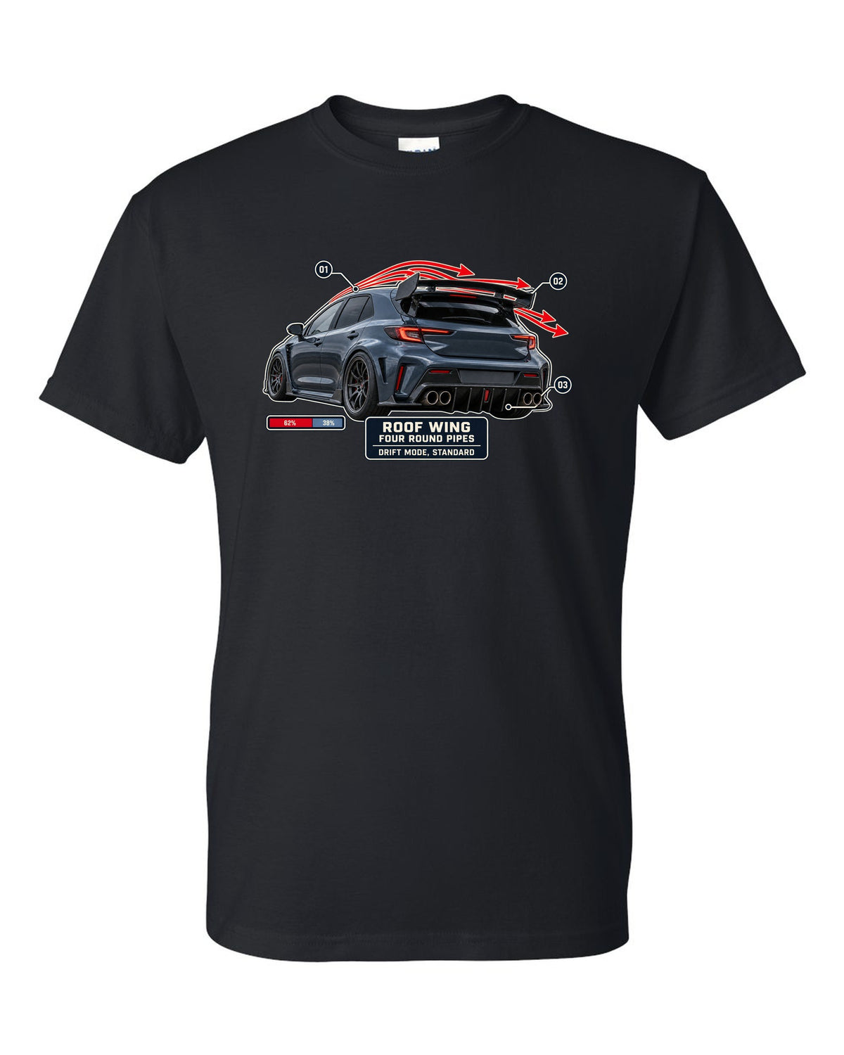Mercedes-AMG A45 S W177 rear three-quarter with aero callout labels print black t-shirt front view with the design