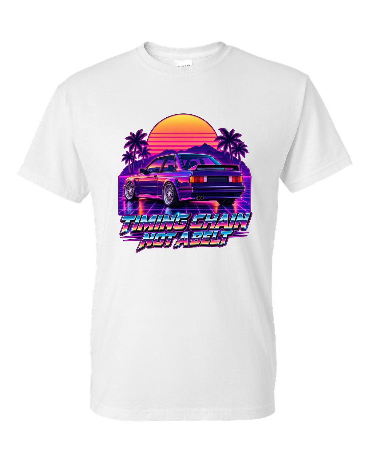 Synthwave outrun illustration of a BMW E30 M3 taillights at dusk with timing chain text white t-shirt front view with the design