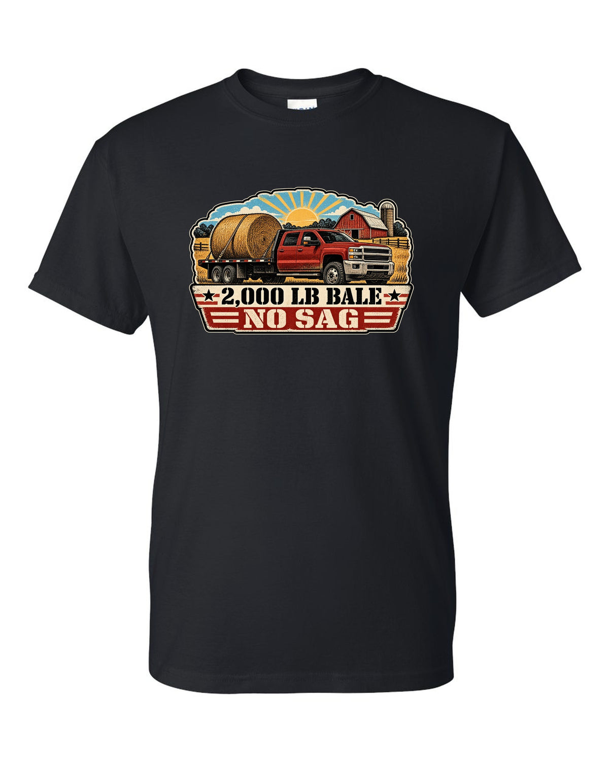 Distressed screen-print print of a 2010-2018 Ram 3500 6.7 Cummins hauling a round bale black t-shirt front view with the design
