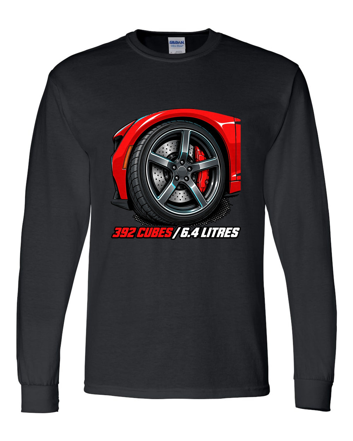 Bold monoline print with halftone shadow of a 2018 Dodge Challenger SRT 392 black long sleeve front view with the design