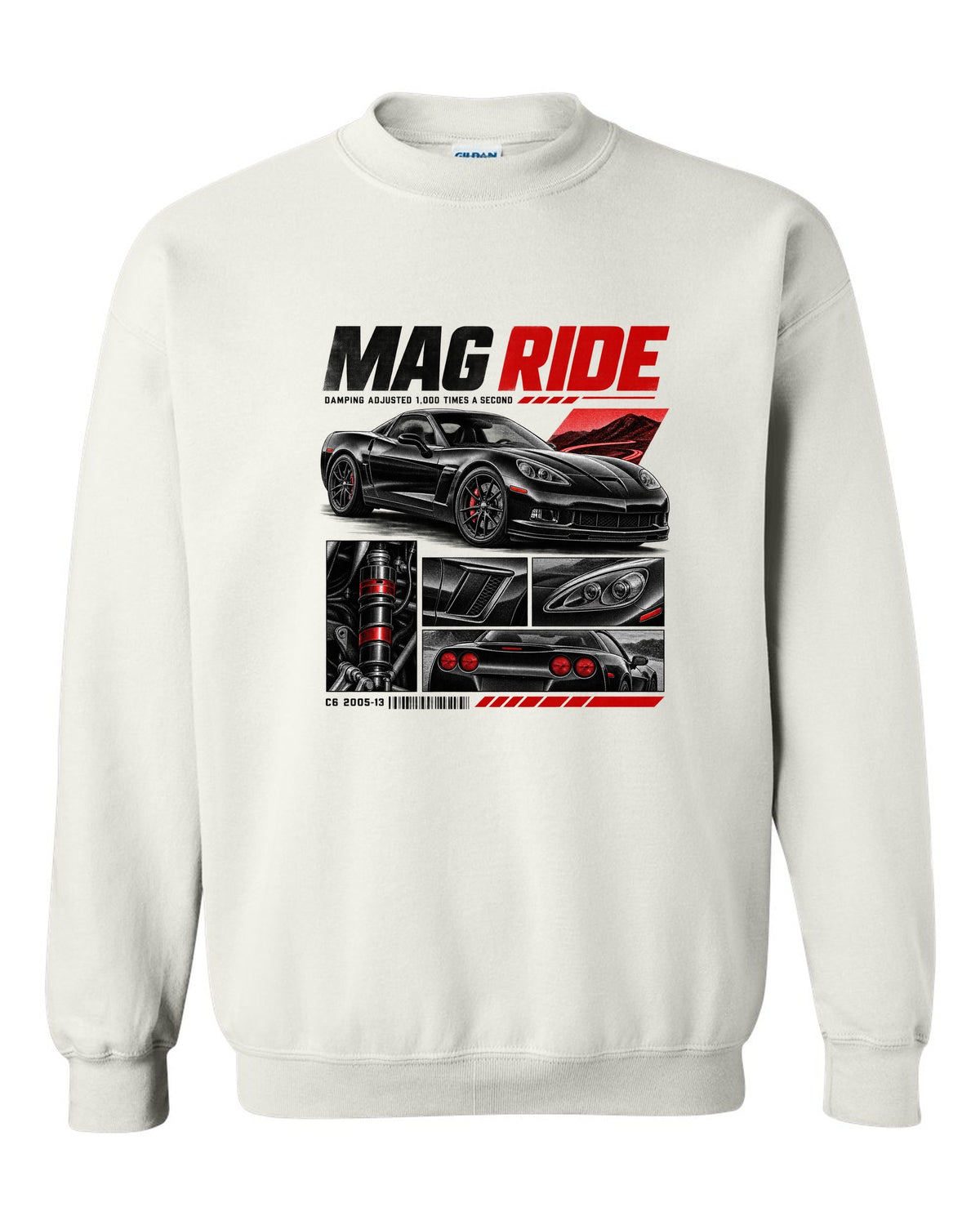 Corvette C6 coupe in dossier panels with magnetic ride text white crewneck front view with the design