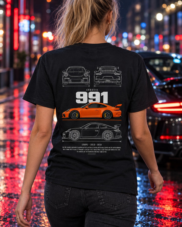 Porsche 991 GT3 Blueprint Full-Back Graphic Tee, 991 Chassis Code T-Shirt Black worn hero