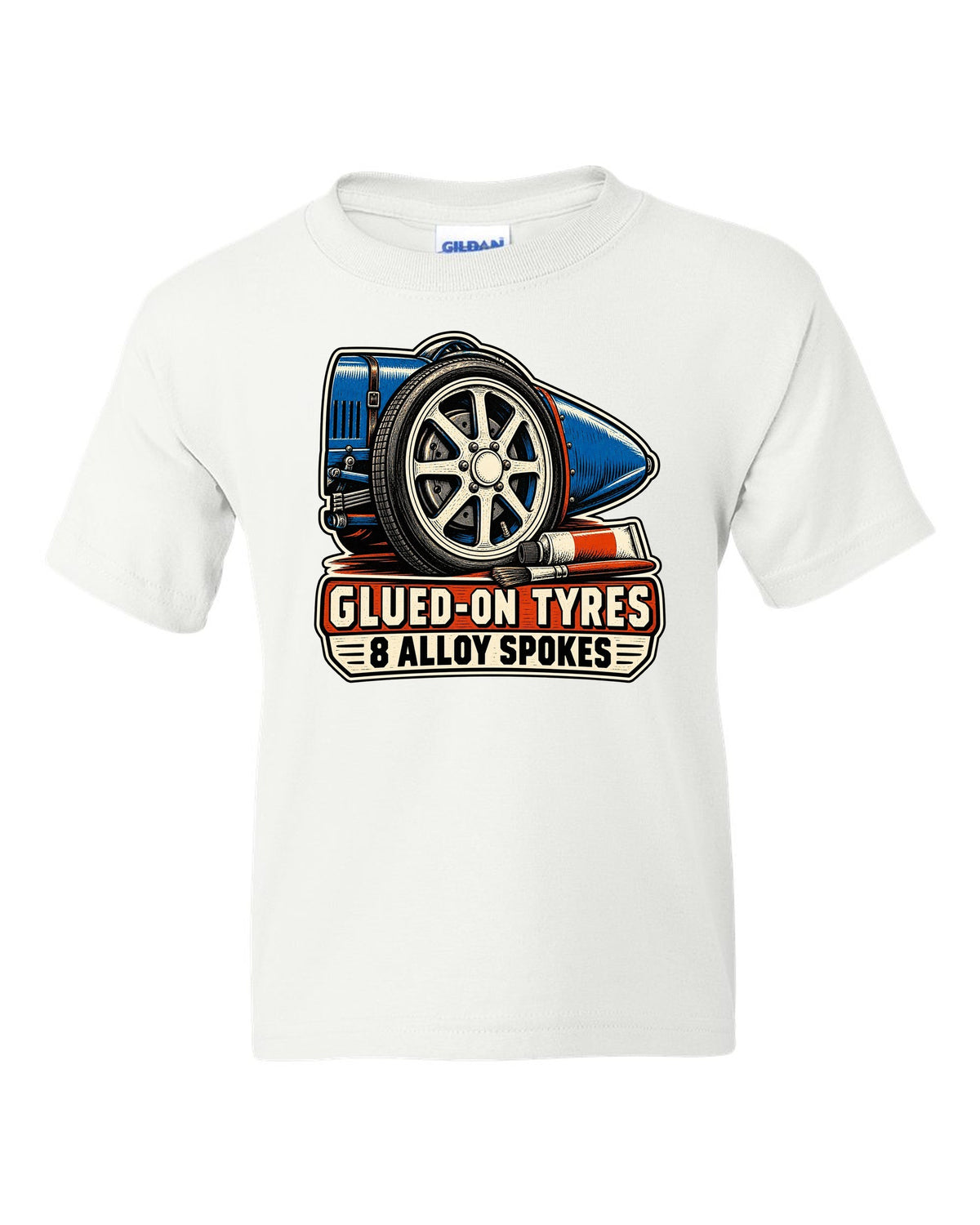 Linocut style print of a Bugatti Type 35 eight-spoke alloy wheel with glued-on tyres lettering white kids tee front view with the design