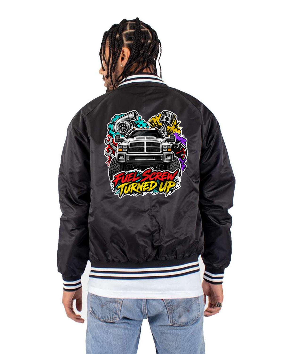 Dodge Ram 2500 12V Cummins Sticker Collage Shirt, Fuel Screw Bomber Jacket Black back