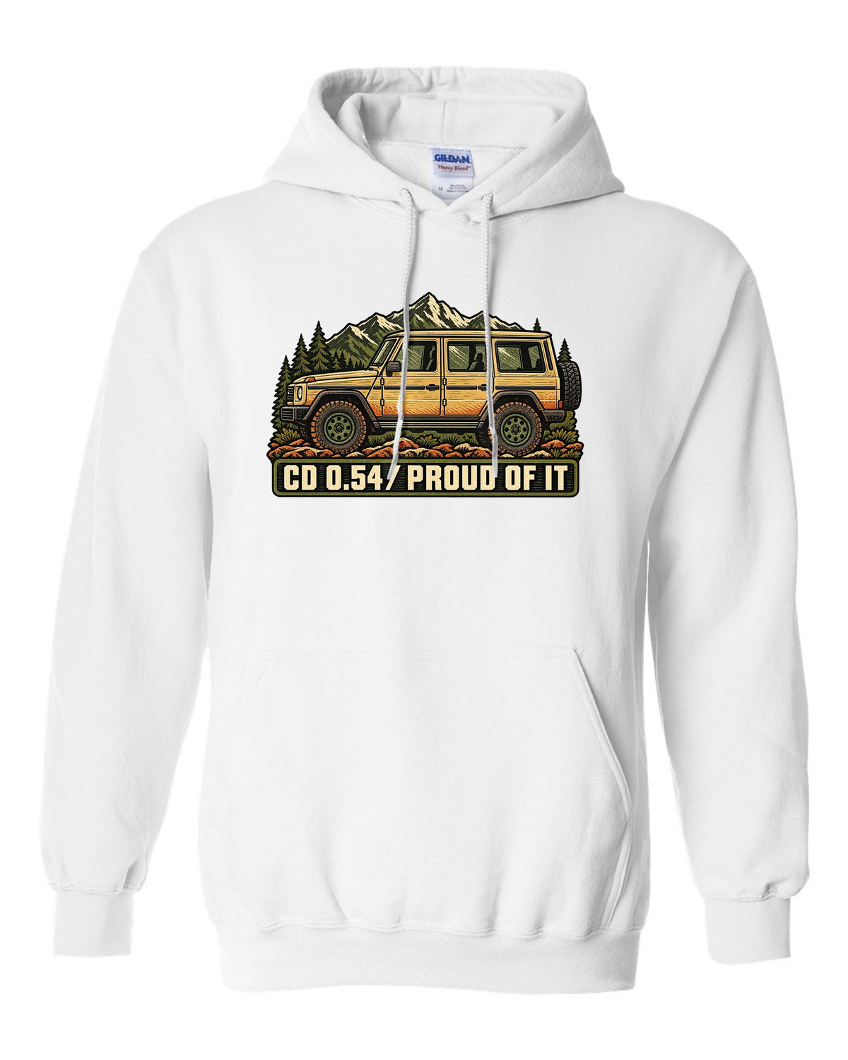 Mercedes G-Class W463 Dust and Hinges Linocut Profile white pull over hoodie front view with the design