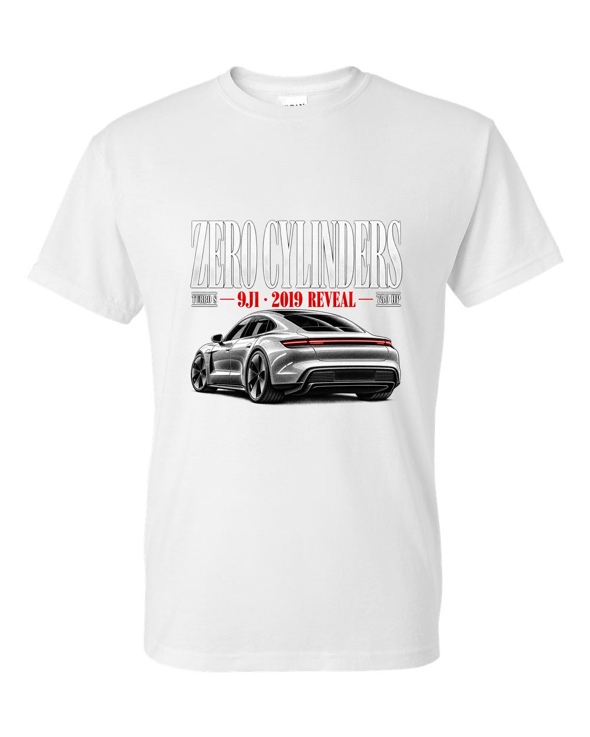 Porsche Taycan Turbo S 9J1 editorial headline with zero cylinders, 2019 reveal, 750 HP white t-shirt front view with the design