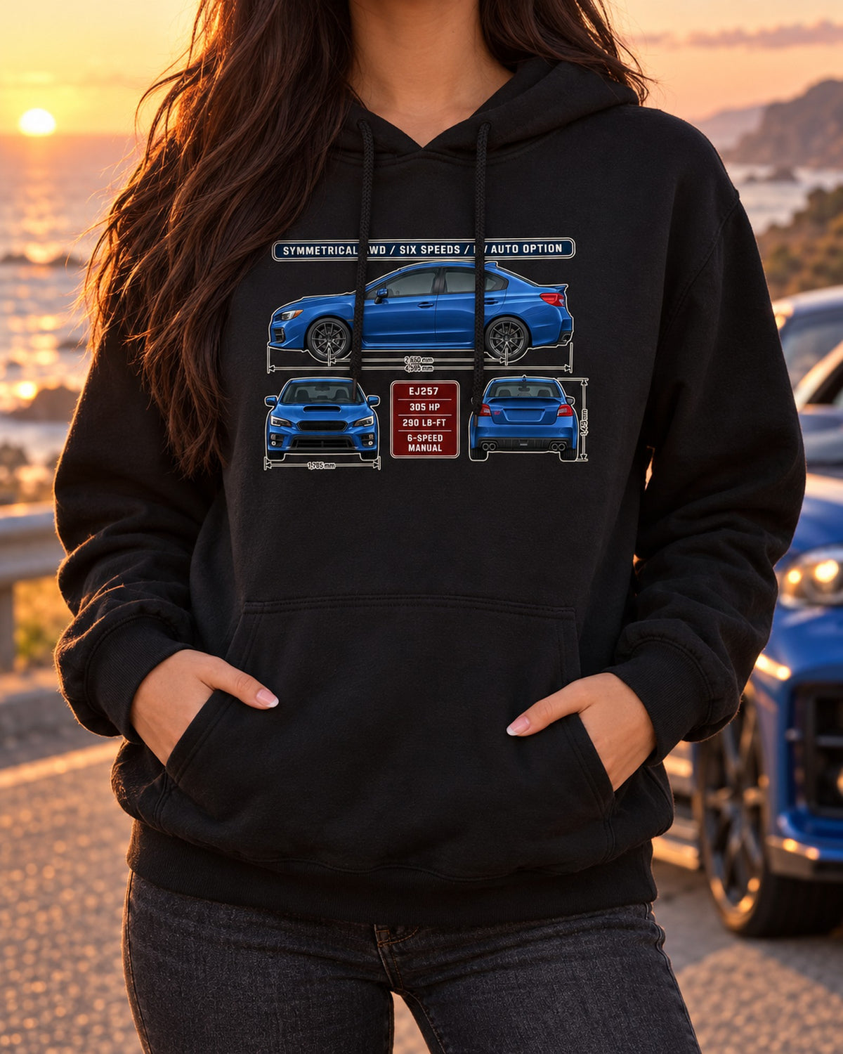 Subaru WRX STI VA Three-View Spec Table Tee, Manual Only Pull Over Hoodie Black worn hero