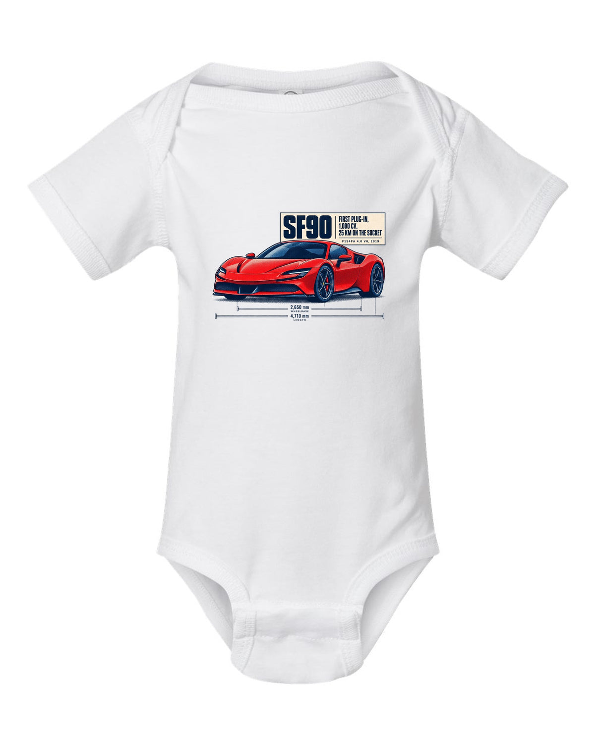 Ferrari SF90 Stradale halftone print with first plug-in, 1,000 CV text white baby onesie front view with the design