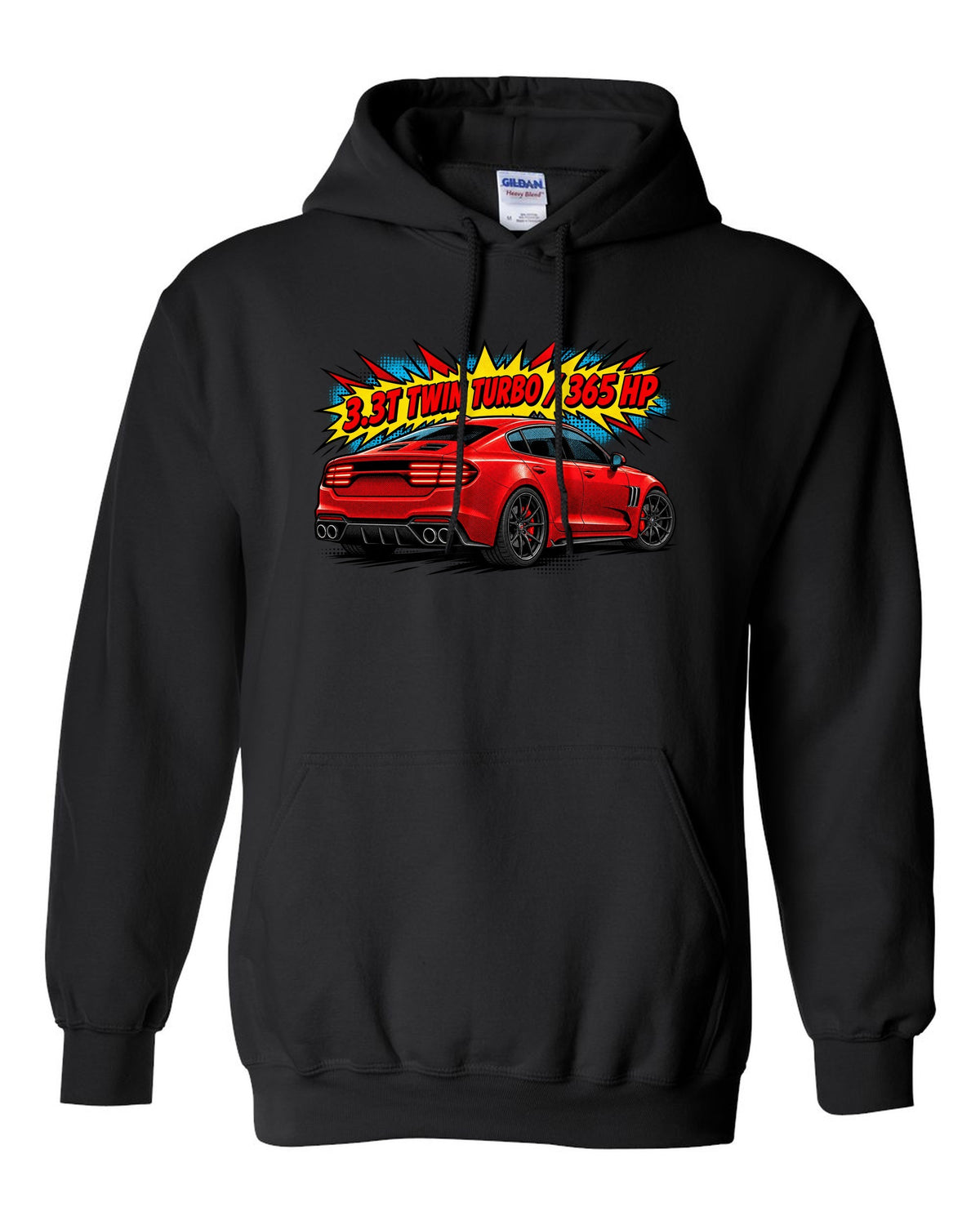 Comic halftone print of a Kia Stinger GT CK rear with 3.3T twin turbo 365 HP text black pull over hoodie front view with the design