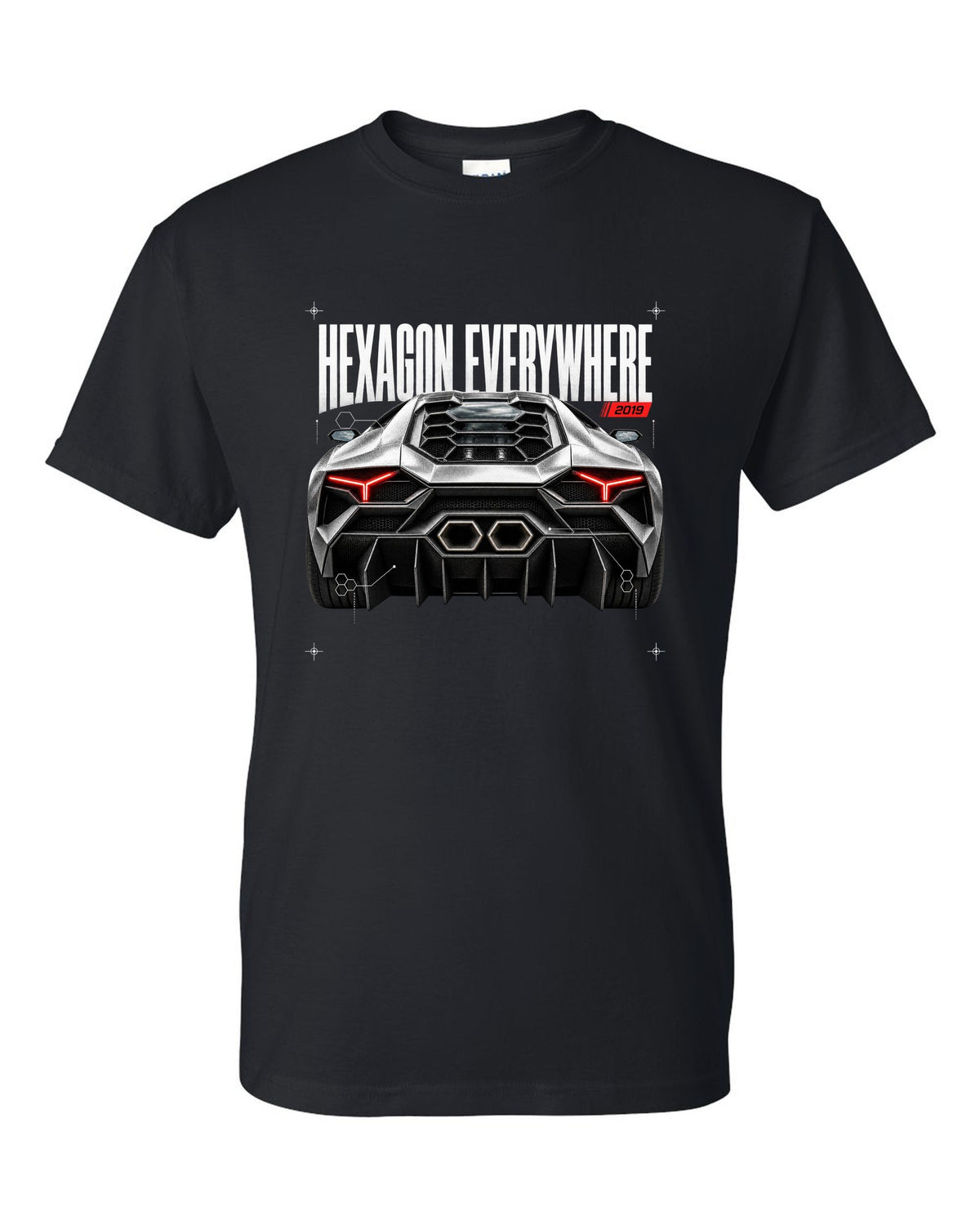 Detail macro print of a Lamborghini Huracan Evo LP640-4 with Hexagon Everywhere text black t-shirt front view with the design