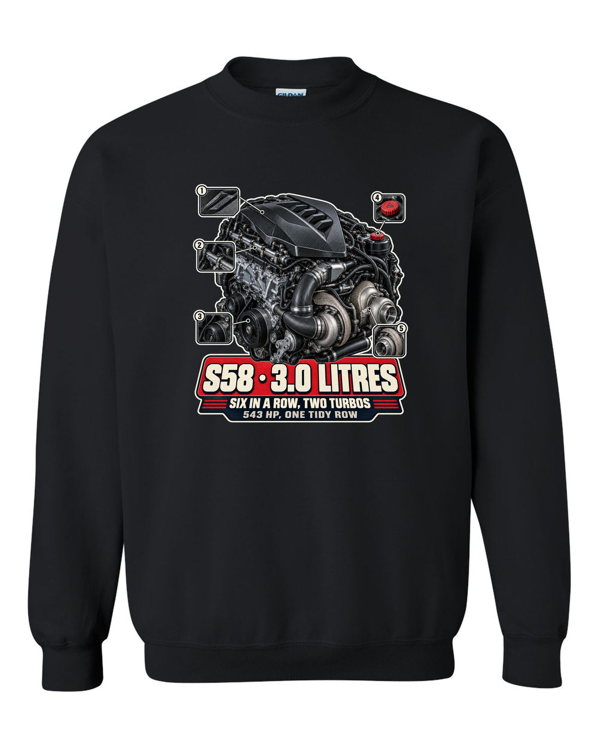 BMW M4 CSL G82 S58 engine bay hero print black crewneck front view with the design