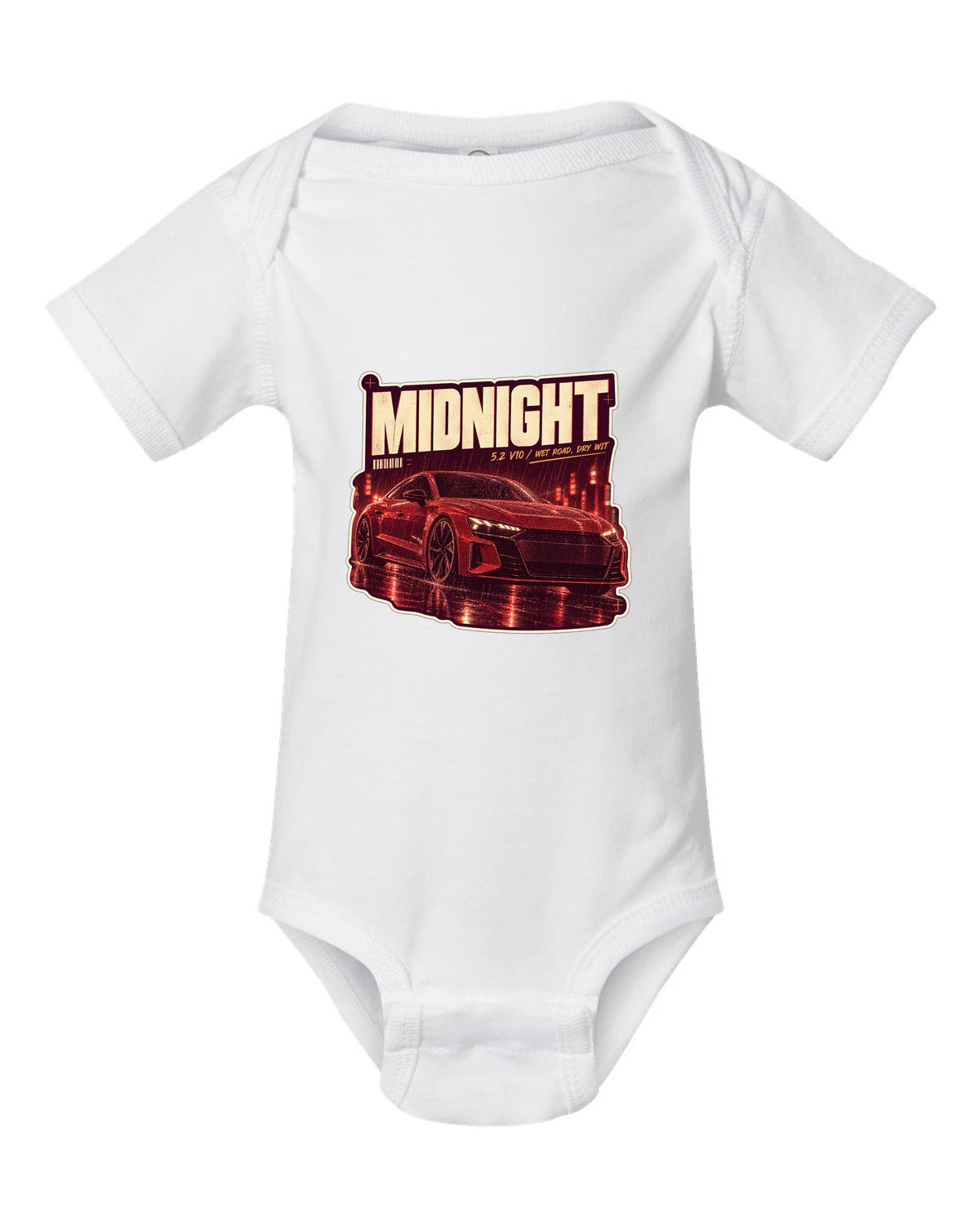 Audi R8 V10 performance on a wet night street print design white baby onesie front view with the design