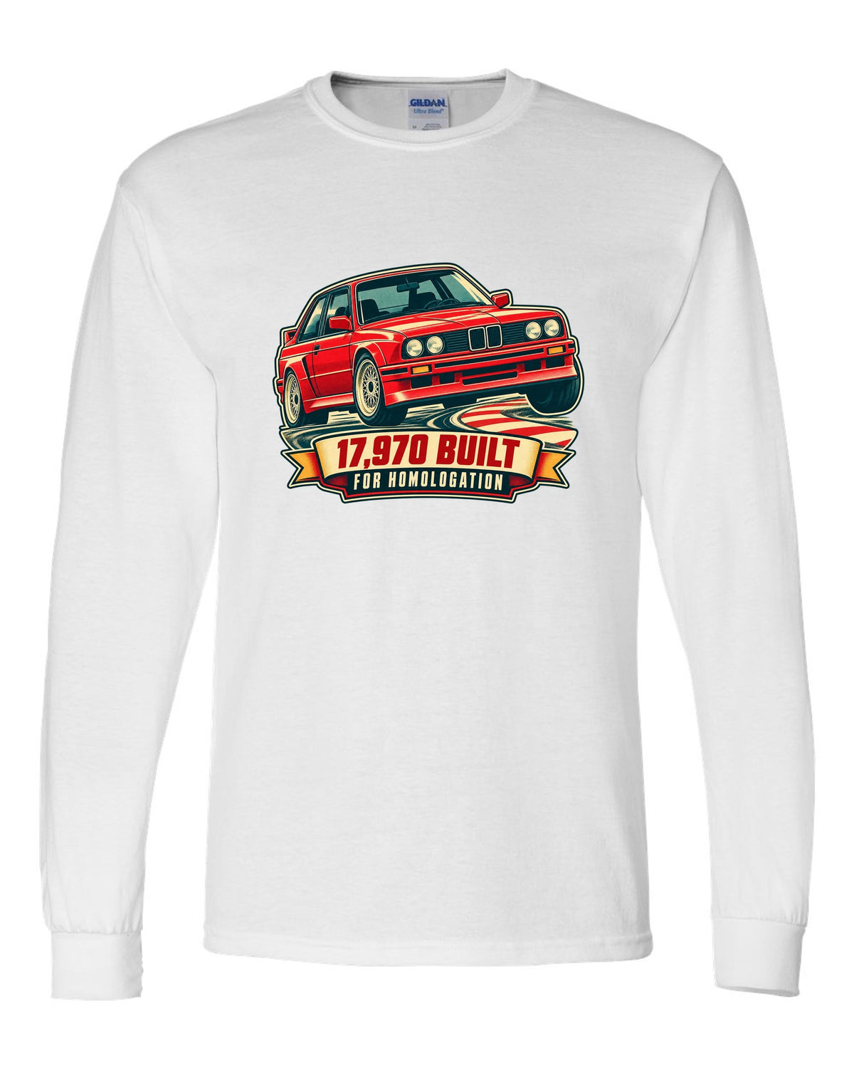 Vintage race poster print of a BMW E30 M3 at a hairpin with 17,970 built text white long sleeve front view with the design