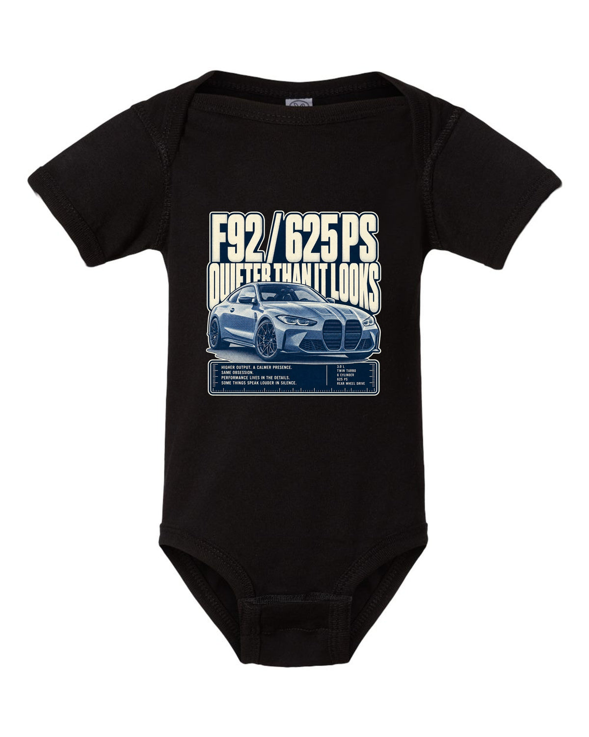 BMW M8 Competition F92 halftone statement print on a tee black baby onesie front view with the design