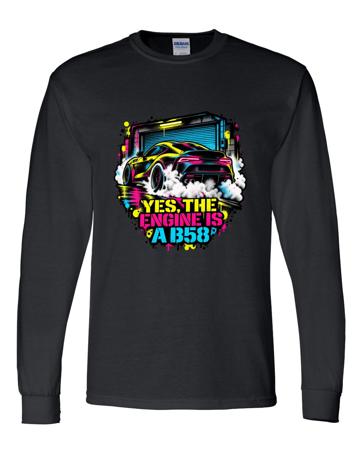 Stencil spray street art of a Toyota GR Supra A90 burnout on a garage door black long sleeve front view with the design