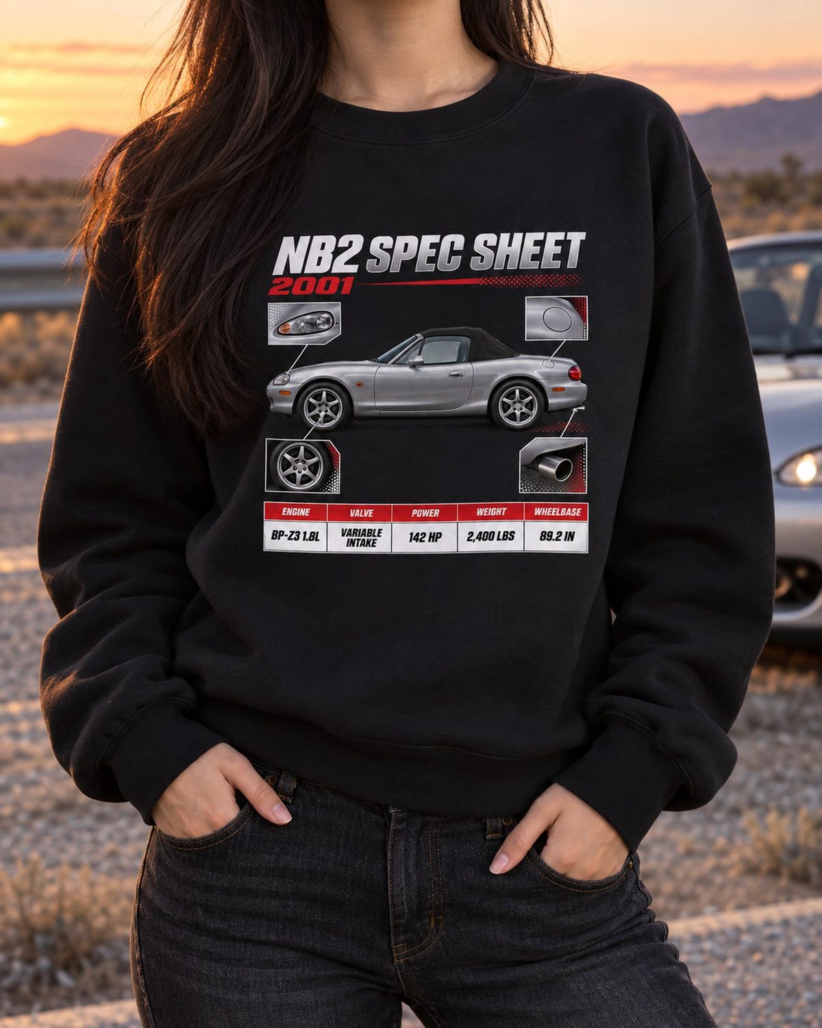Mazda MX-5 NB2 Spec Sheet Shirt, 2001 Variable Intake Crewneck Black worn hero