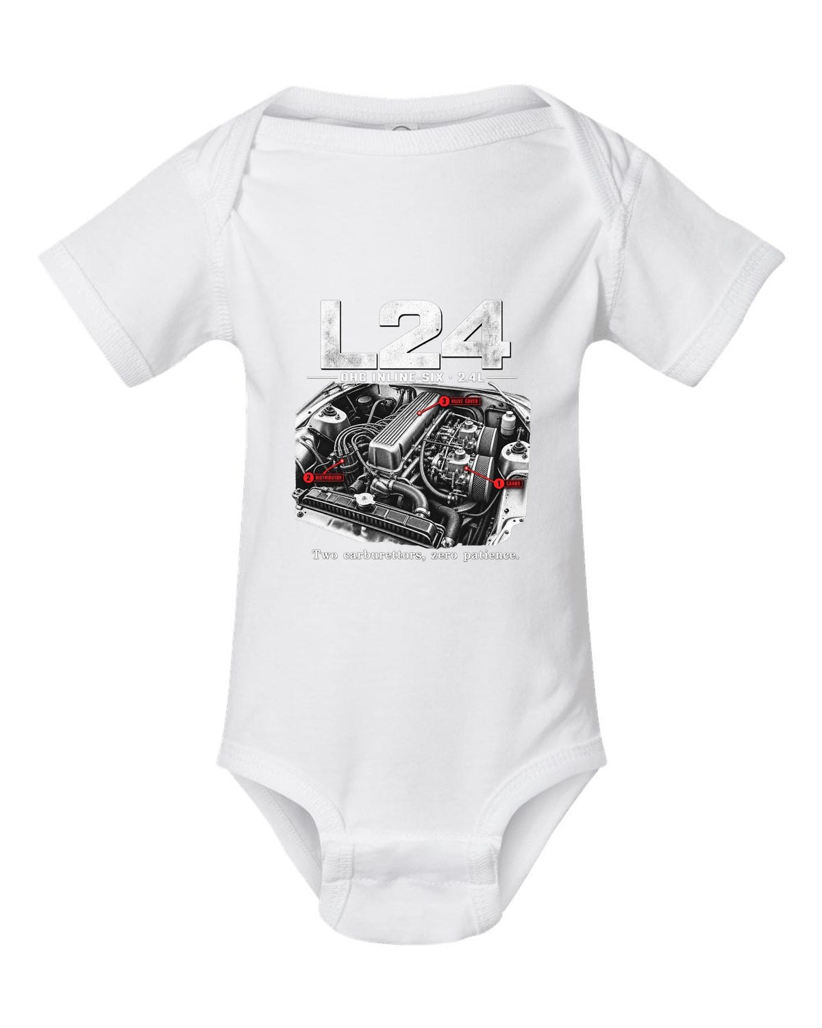 Engine bay print of a Datsun 240Z S30 L24 inline-six with carburettors white baby onesie front view with the design