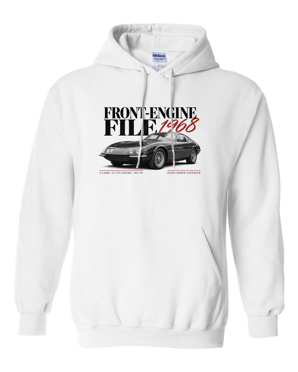 Editorial headline print of a Ferrari 365 GTB/4 Daytona with Front-Engine File 1968 and 352 PS text white pull over hoodie front view with the design