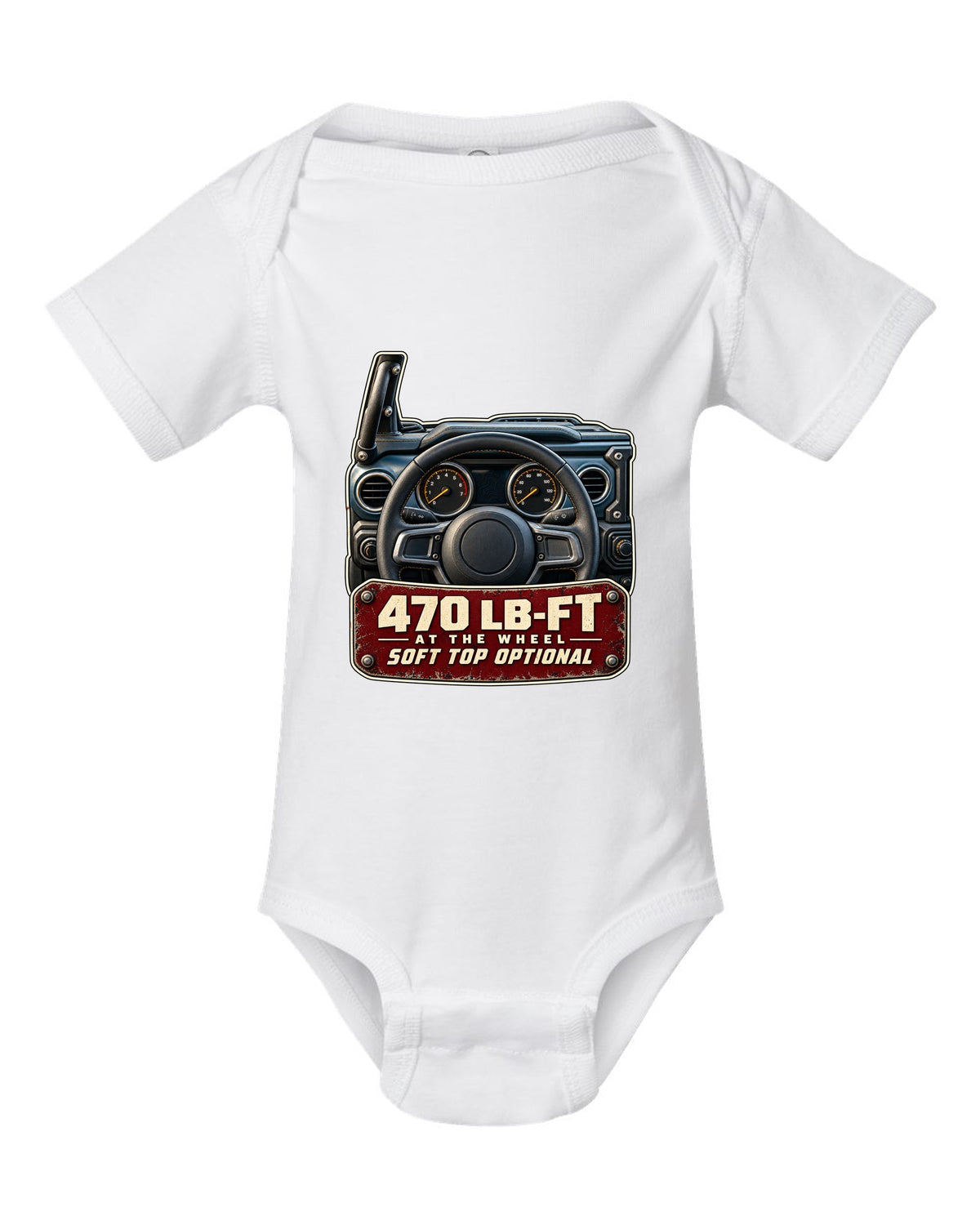 Gauge cluster print for the Jeep Wrangler Rubicon 392 with torque callout white baby onesie front view with the design