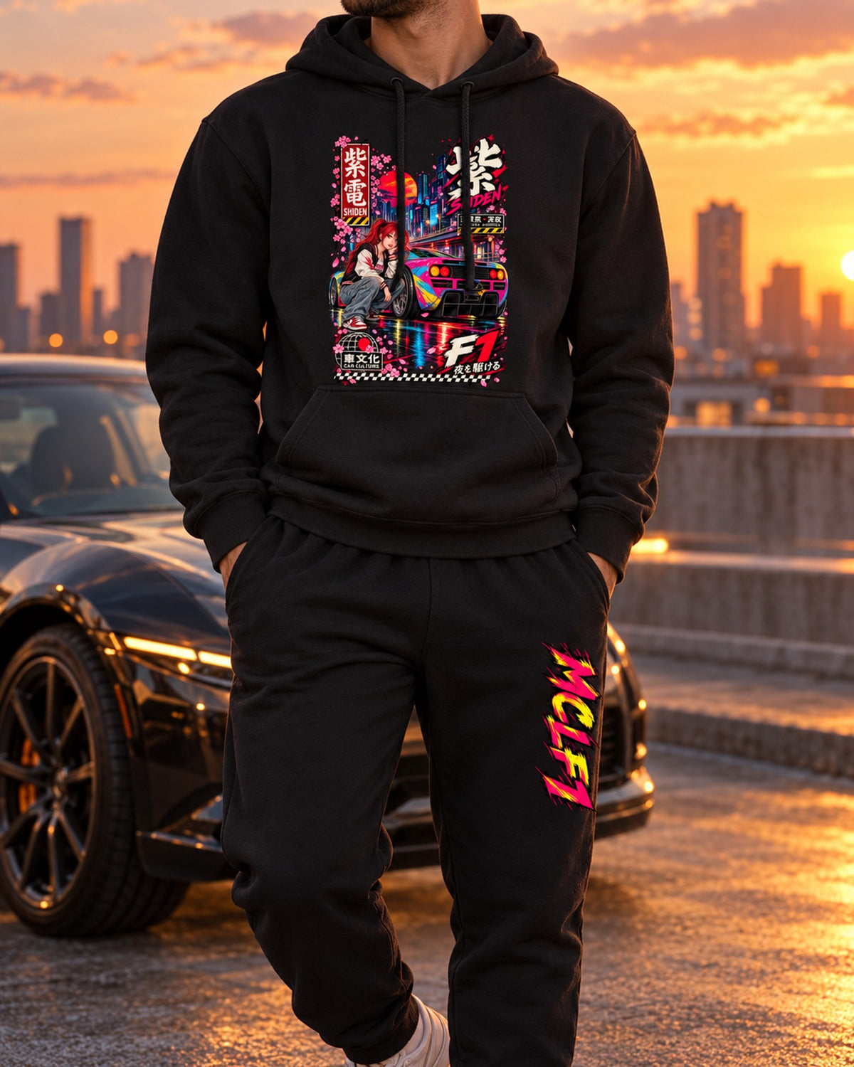 MCLF1 Shiden Anime Girl Poster Hoodie + Jogger Set Black worn hero