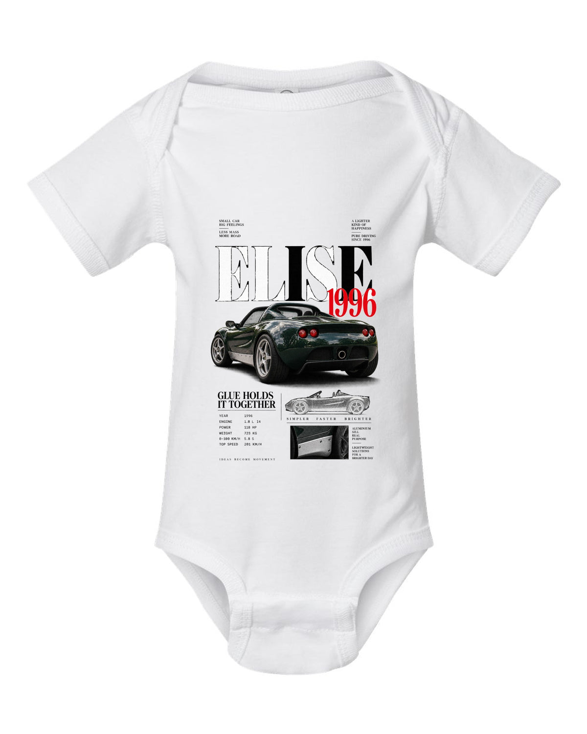 Editorial headline print for a 1996 Lotus Elise S1 with glue holds it together text white baby onesie front view with the design
