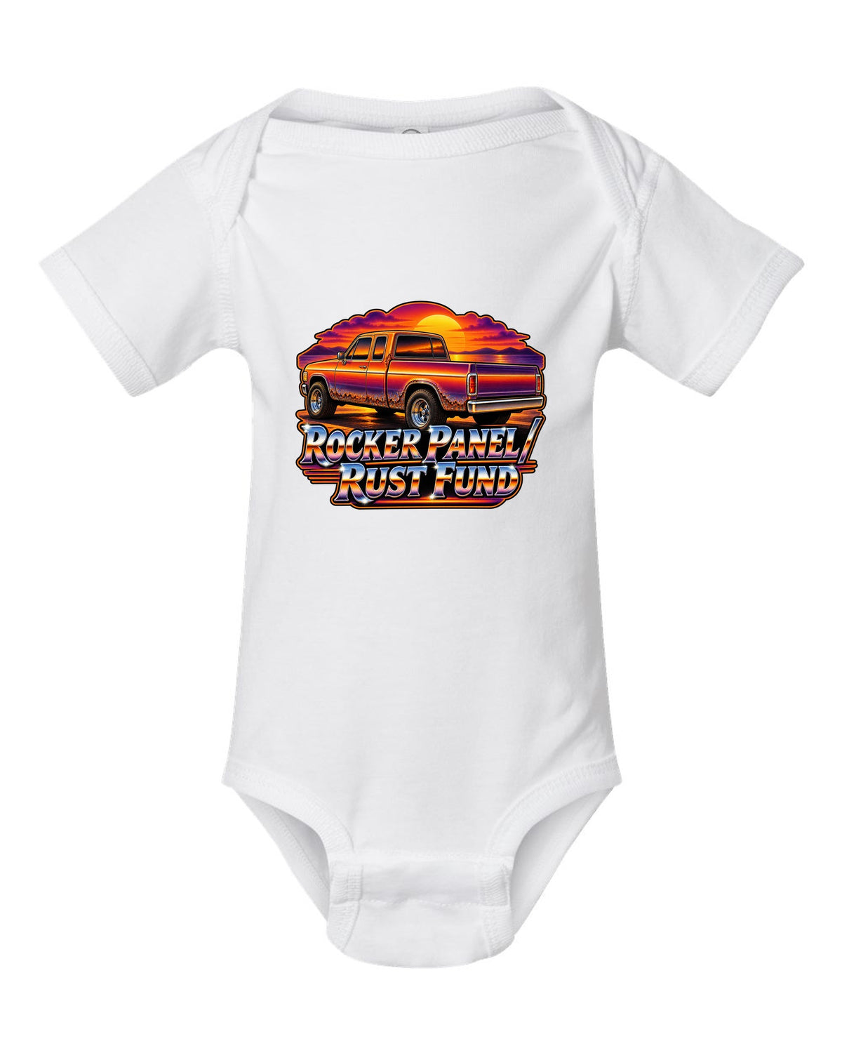 70s airbrush sunset print of a 1999-2006 Chevrolet Silverado GMT800 with Rocker Panel Rust Fund text white baby onesie front view with the design