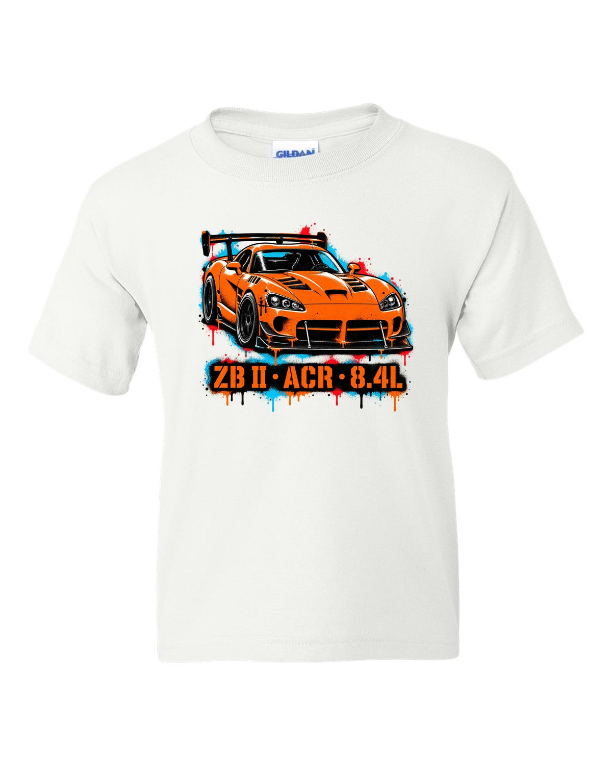 Stencil spray street art of a 2008 Dodge Viper ACR with large rear wing, ZB II ACR 8.4L lettering white kids tee front view with the design