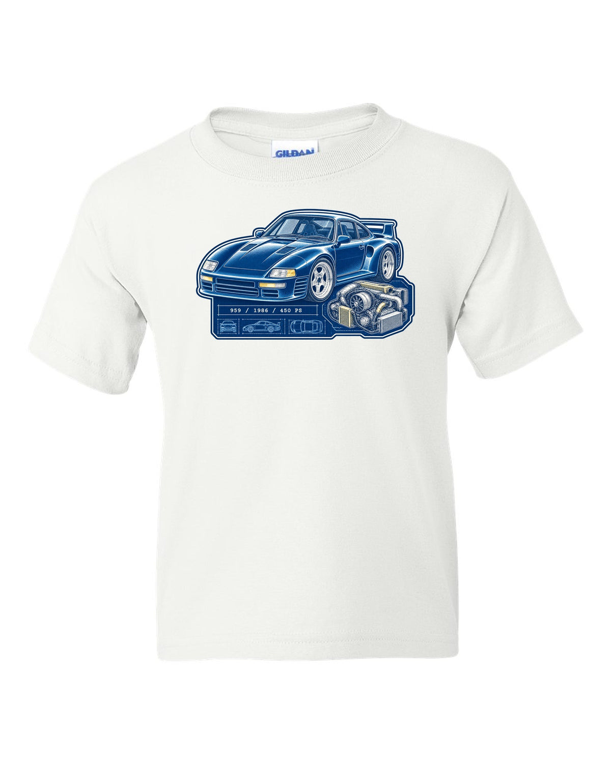 Porsche 959 cyanotype blueprint design with 1986 and 450 PS lettering white kids tee front view with the design