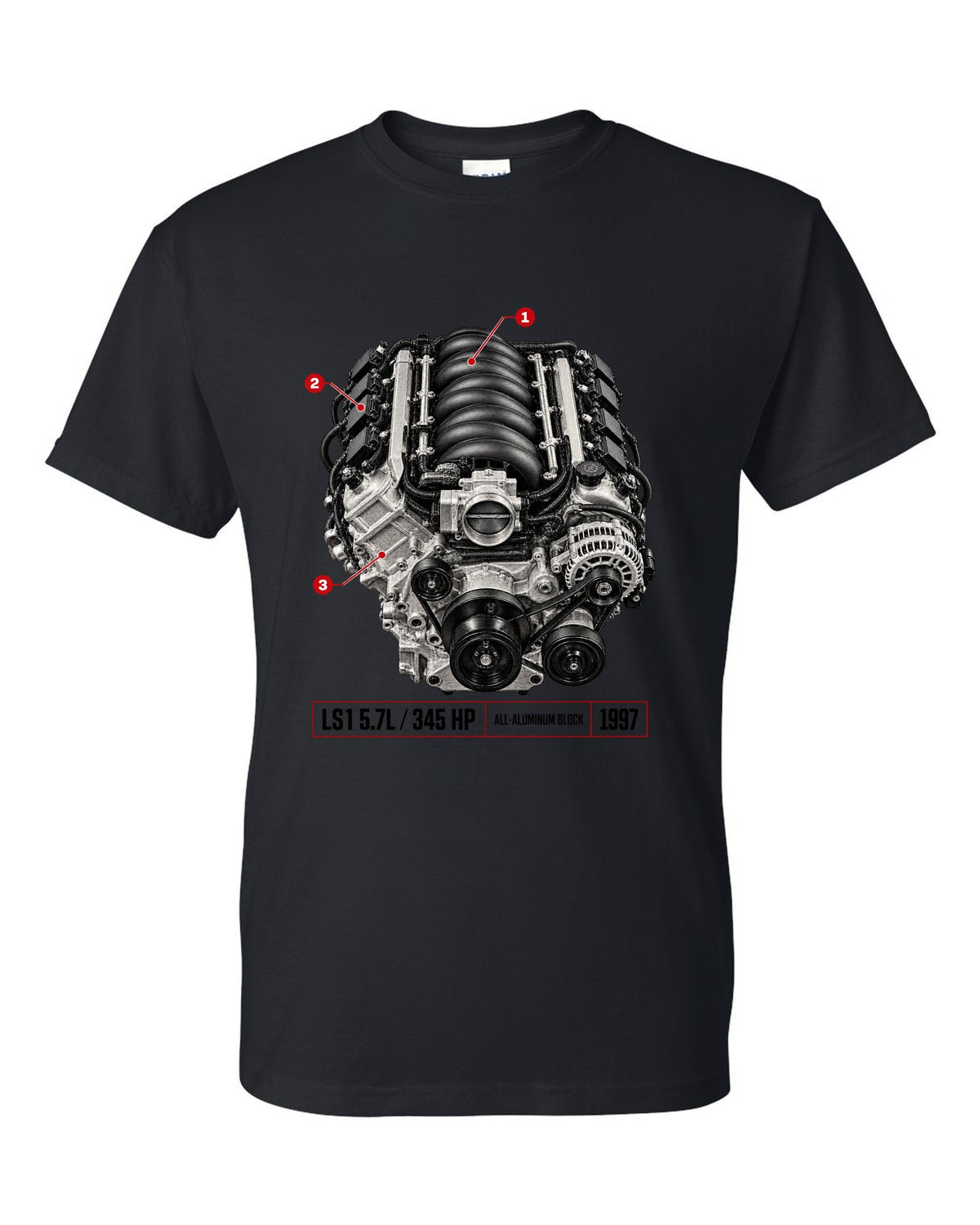 Corvette C5 coupe with LS1 5.7L engine poster print black t-shirt front view with the design