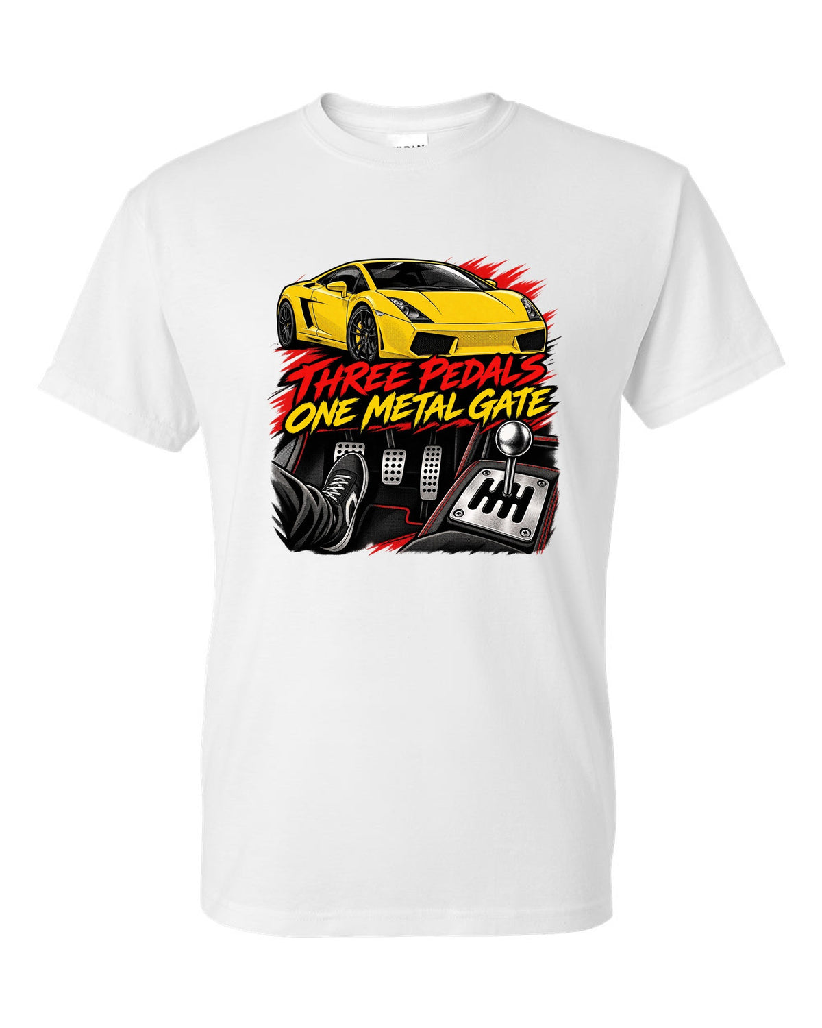 Retro black-ink manga panel of a Lamborghini Gallardo coupe with a gated six-speed manual shifter white t-shirt front view with the design