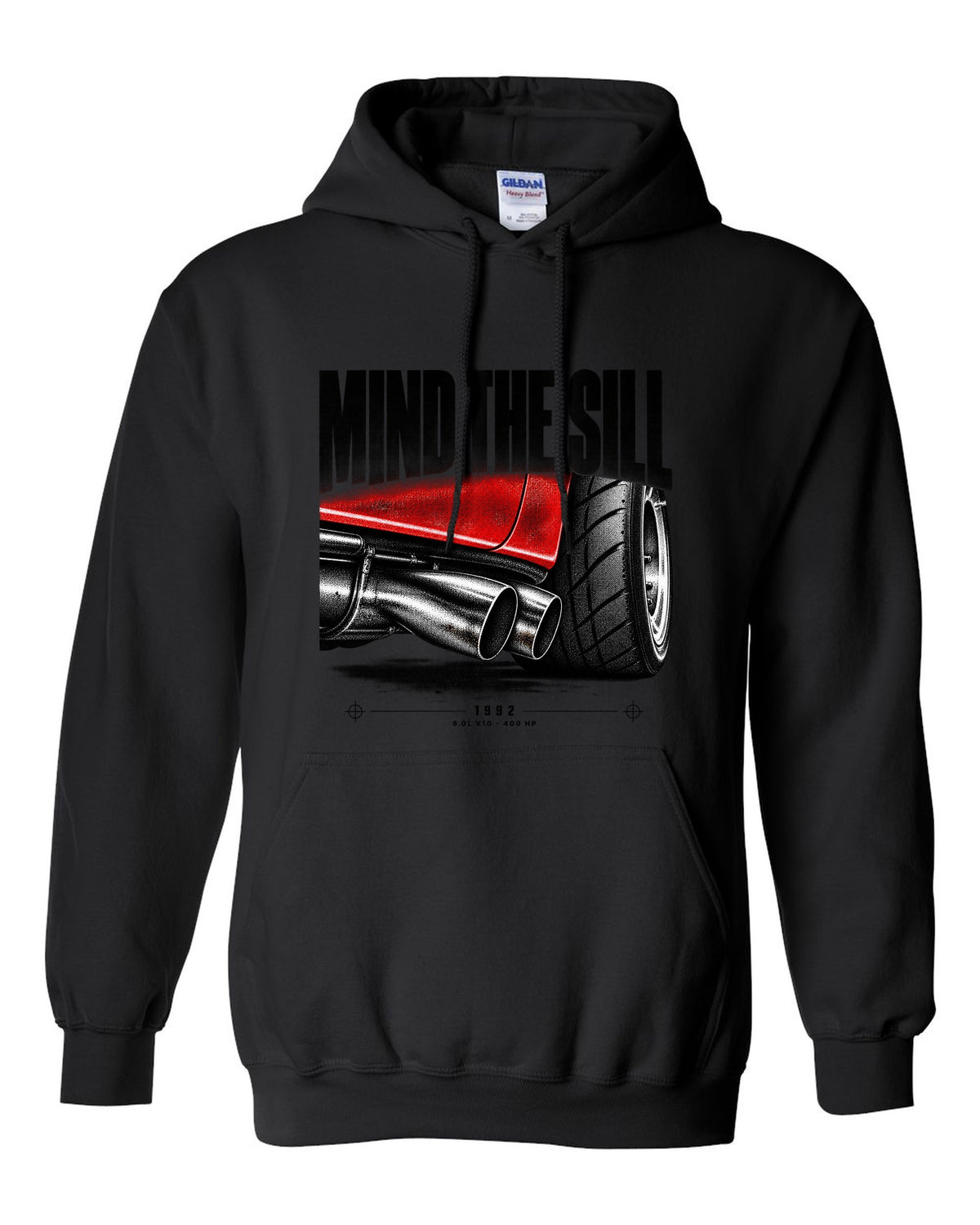 1992 Dodge Viper RT/10 SR I taillight macro print with Mind the Sill lettering black pull over hoodie front view with the design