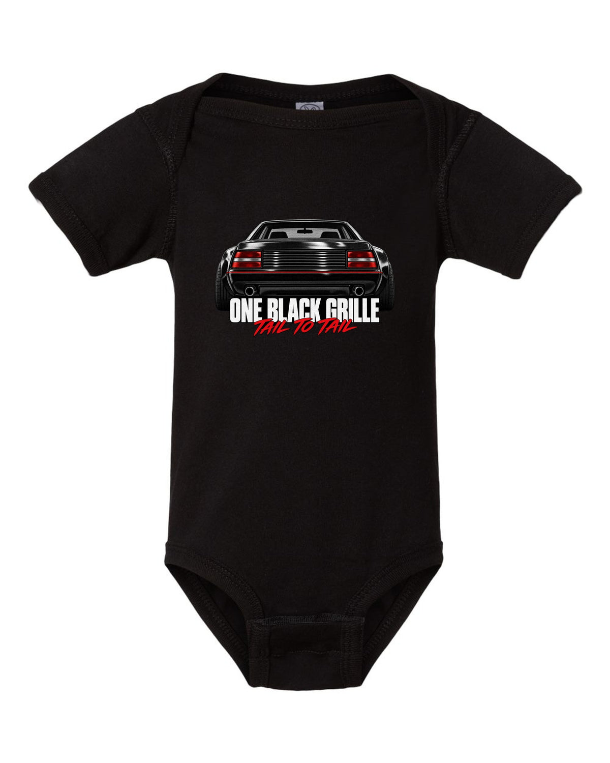 Macro print of the Ferrari Testarossa F110 rear grille with the line One Black Grille, Tail to Tail black baby onesie front view with the design