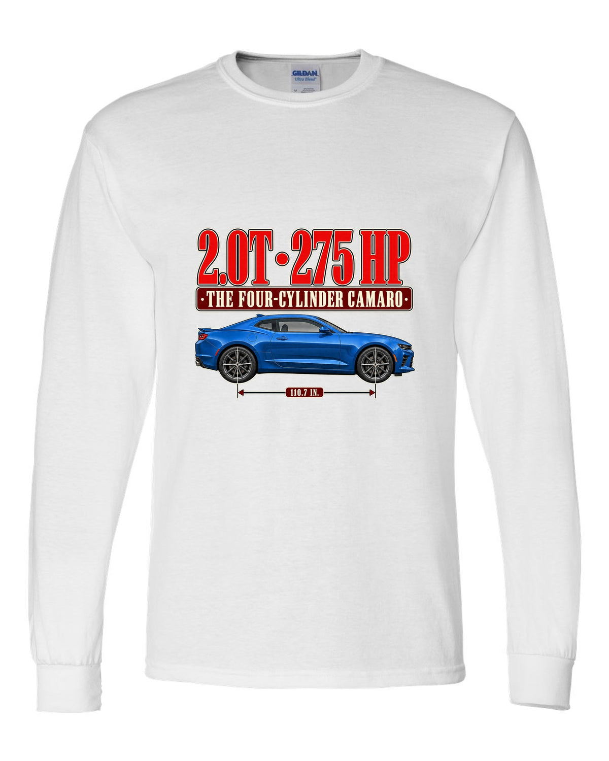 Editorial headline print for a Chevrolet Camaro 2.0T Turbo 1LE white long sleeve front view with the design