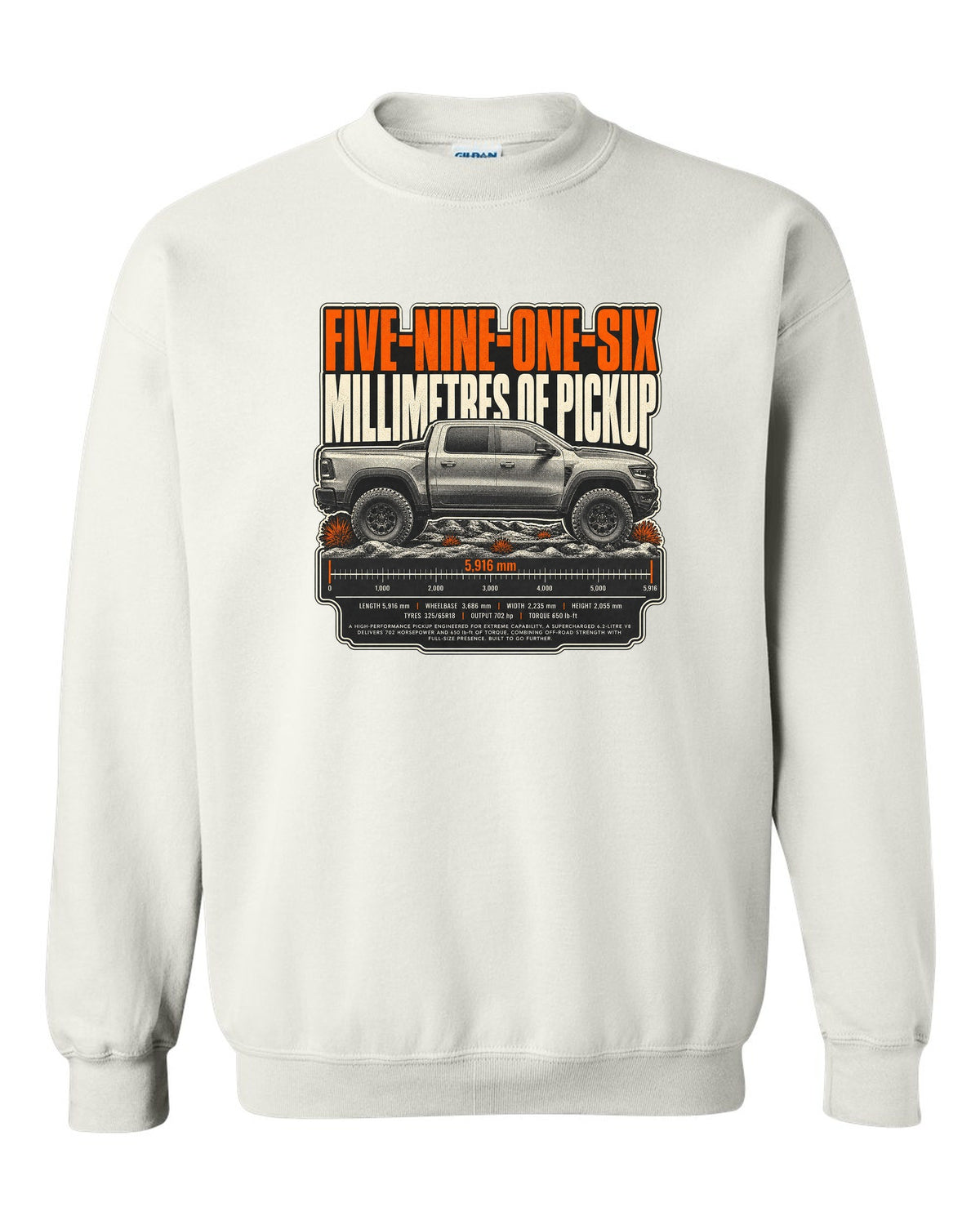 Ram 1500 TRX halftone print with 5916 millimetres text white crewneck front view with the design