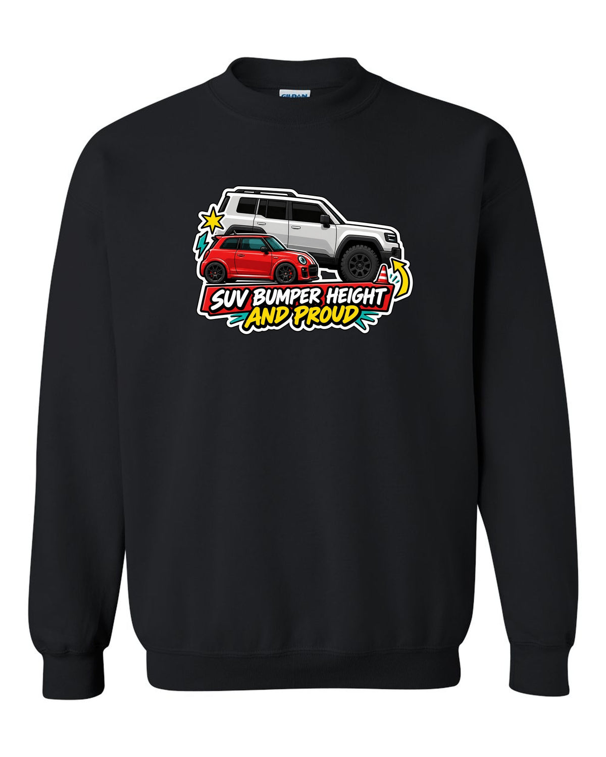Sticker-bomb collage of a Fiat 500 Abarth with SUV bumper height joke black crewneck front view with the design