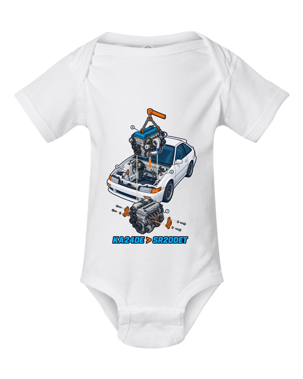 Exploded isometric engine cutaway for a Nissan S13 KA24DE to SR20DET swap white baby onesie front view with the design