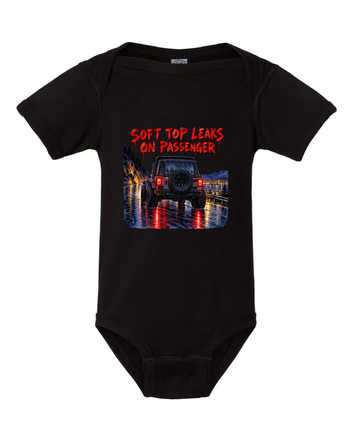 Watercolour wet-road night print of a Jeep Wrangler YJ taillights with soft top text black baby onesie front view with the design