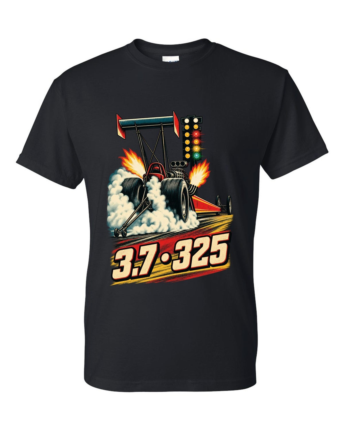 Retro poster style Top Fuel dragster doing a burnout with halftone smoke and 3.7 325 lettering black t-shirt front view with the design