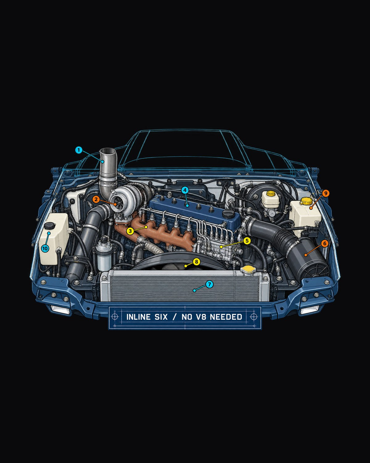 Dodge Ram 2nd Gen 5.9 Inline Six Engine Bay Blueprint Shirt design only
