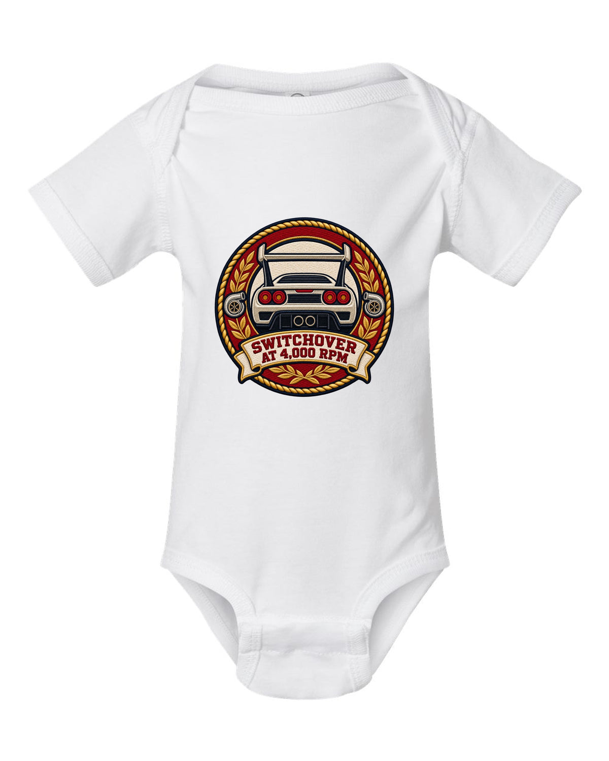 Varsity crest design for the Toyota Supra A80 JZA80 twin turbo white baby onesie front view with the design