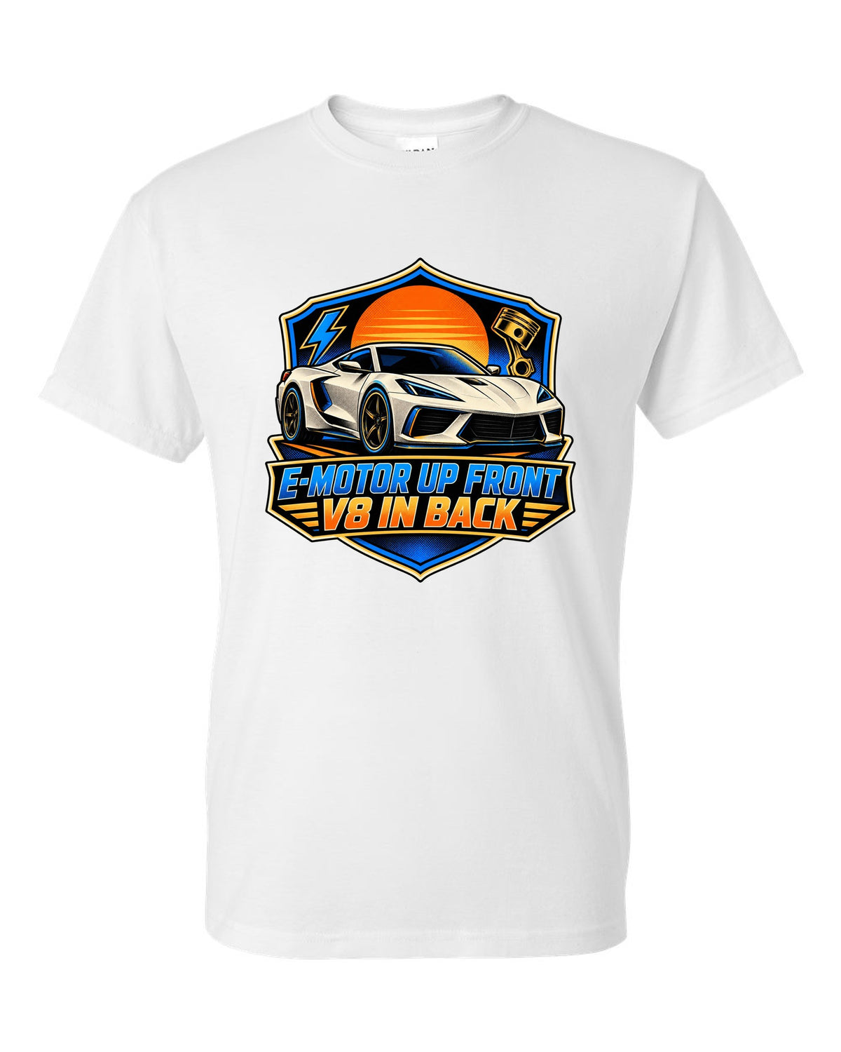 Comic halftone panel of a 2020 C8 Corvette Stingray with e-motor and V8 lettering white t-shirt front view with the design