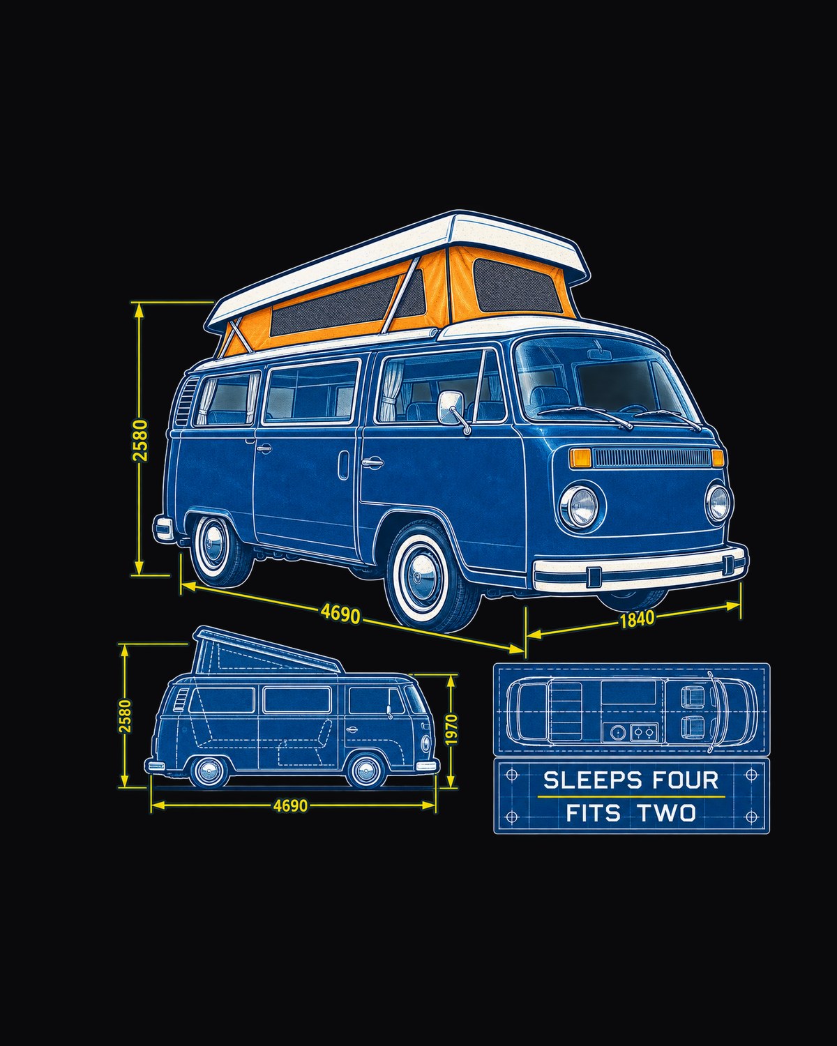 Bay Window T2 Camper Cyanotype Blueprint Shirt, Sleeps Four design only